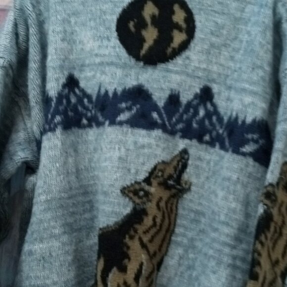 Vintage Yarina Wool Sweater Cardigan Womens Large Blue Howling Wolves Drawstring - Picture 4 of 7